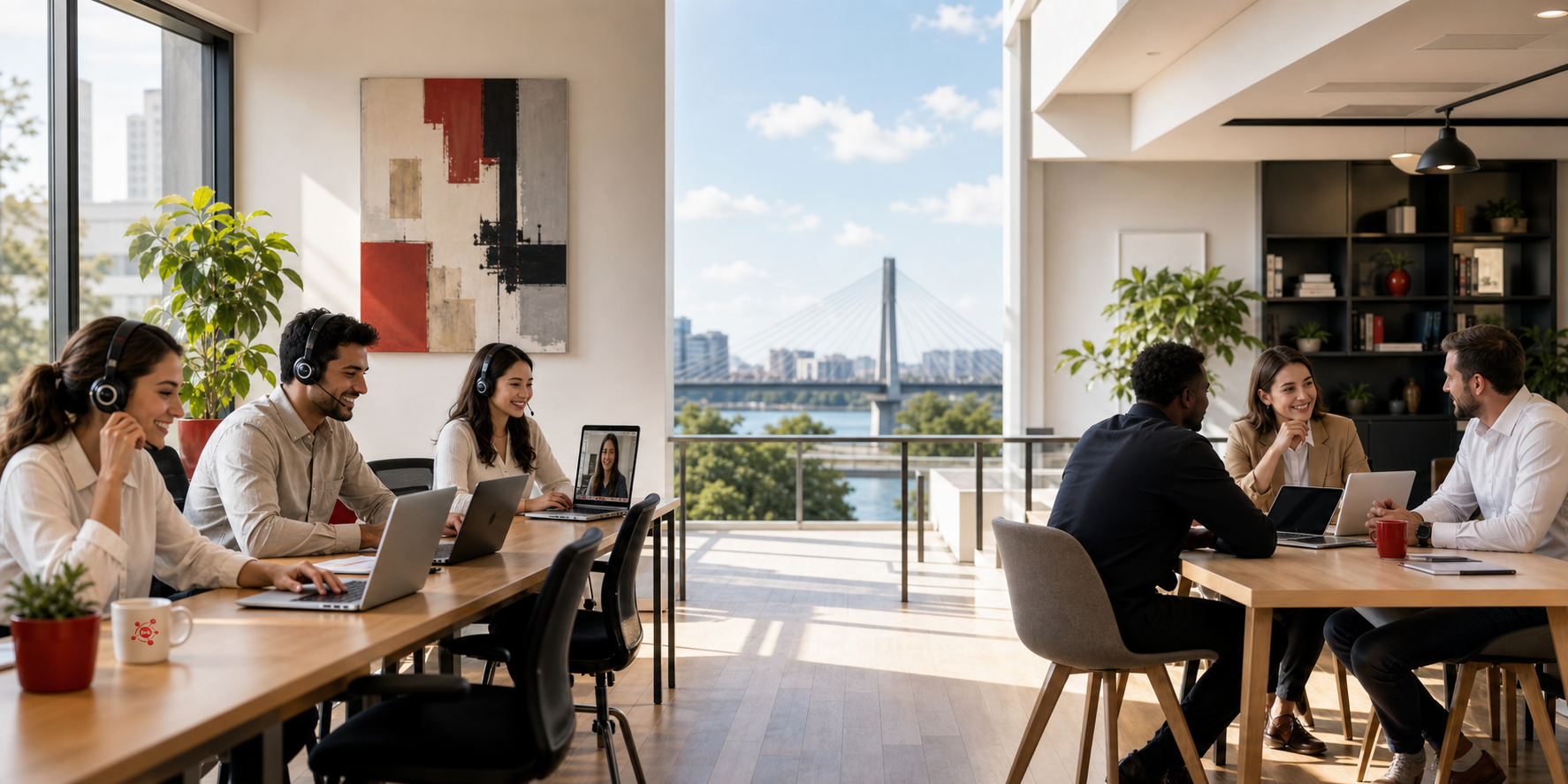 Nearshore remote team and onsite team collaborating across a connected bridge
